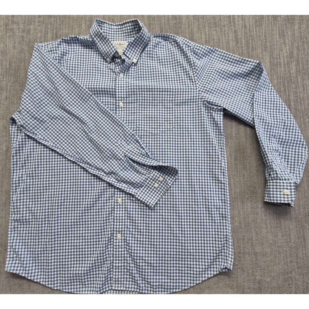 LL Bean Traditional Fit men's blue white checker Button Up long sleeve shirt LG